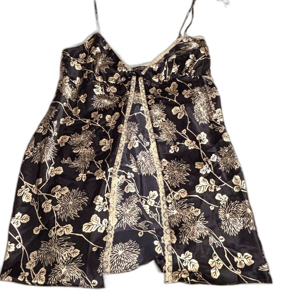 Victoria's Secret Satin Floral Lace Camisole Babydoll Top Black Cream Size L Y2K - Picture 4 of 7
